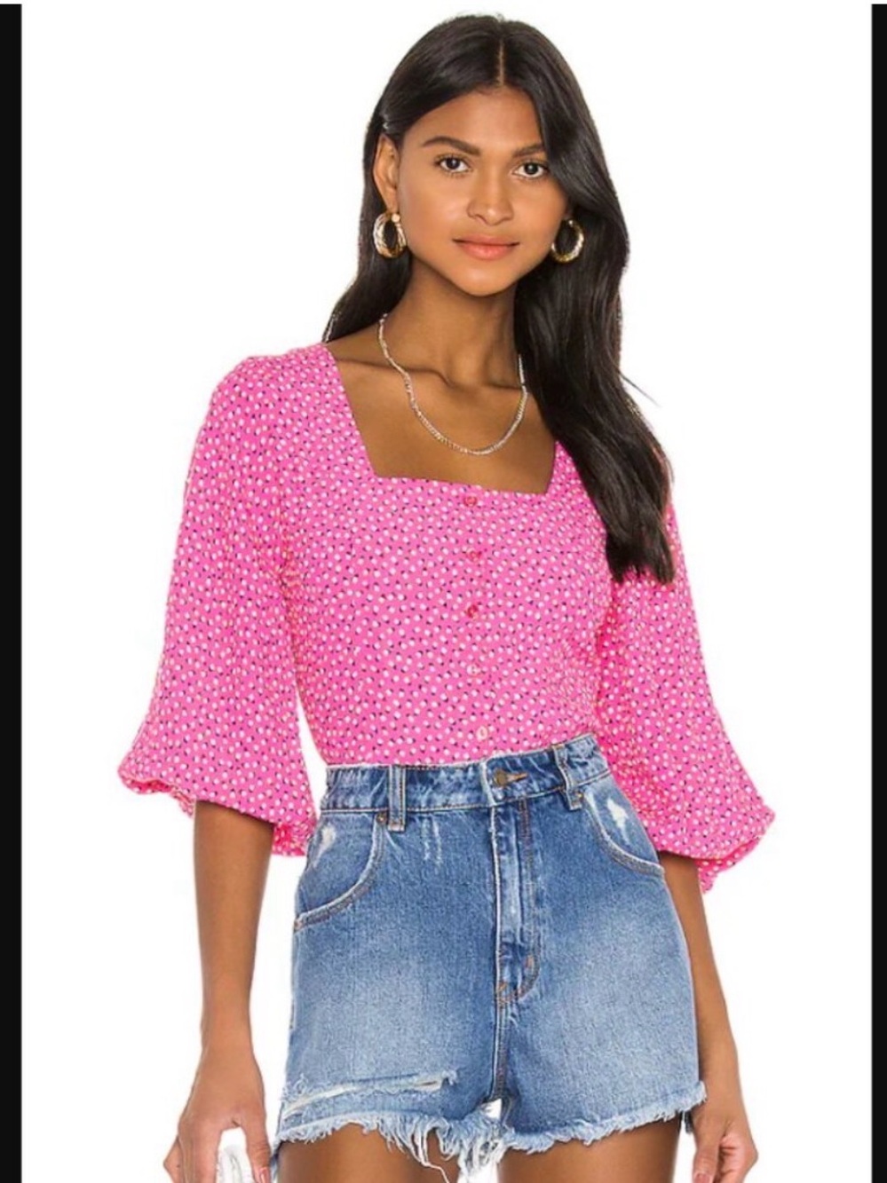Rolla’s Roxanne Mini Tulips Blouse Medium Hot Pink Floral Feminine Boho 90s Y2K